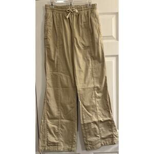 Free People Drawstring Denim Track Pants Sz Small Khaki Wide Leg High Rise EUC